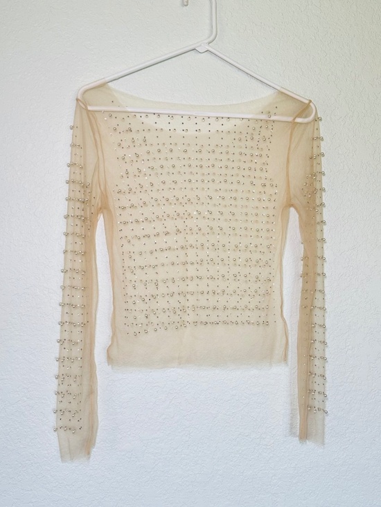 Other Tops - Sheer Beaded Mesh Crop Top Small Nude Pearl Studded Long Sleeve Glam Festival